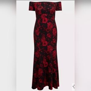 Torrid Off The Shoulder Red & Black Floral Bodycon Maxi Length Gown